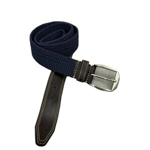 Martin Dingman Woven Elastic Leather Belt Mens 34 Blue Silver Buckle Embossed
